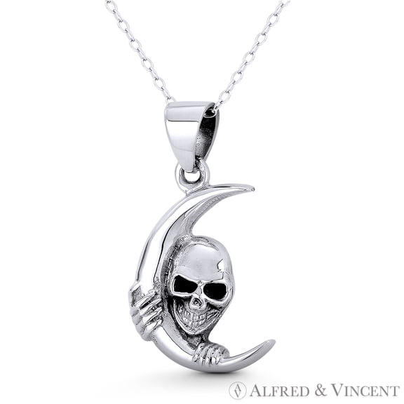 Skull / Skeleton Head on Crescent Moon Charm 30x17mm (1.2x0.7mm) Pendant in Oxidized .925 Sterling Silver