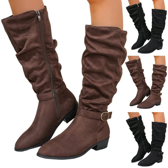 Dakaela Women's Slouchy Knee High Boots Chunky Low Heel Winter Tall Boot Buckle Wide Calf Riding Combat Boots