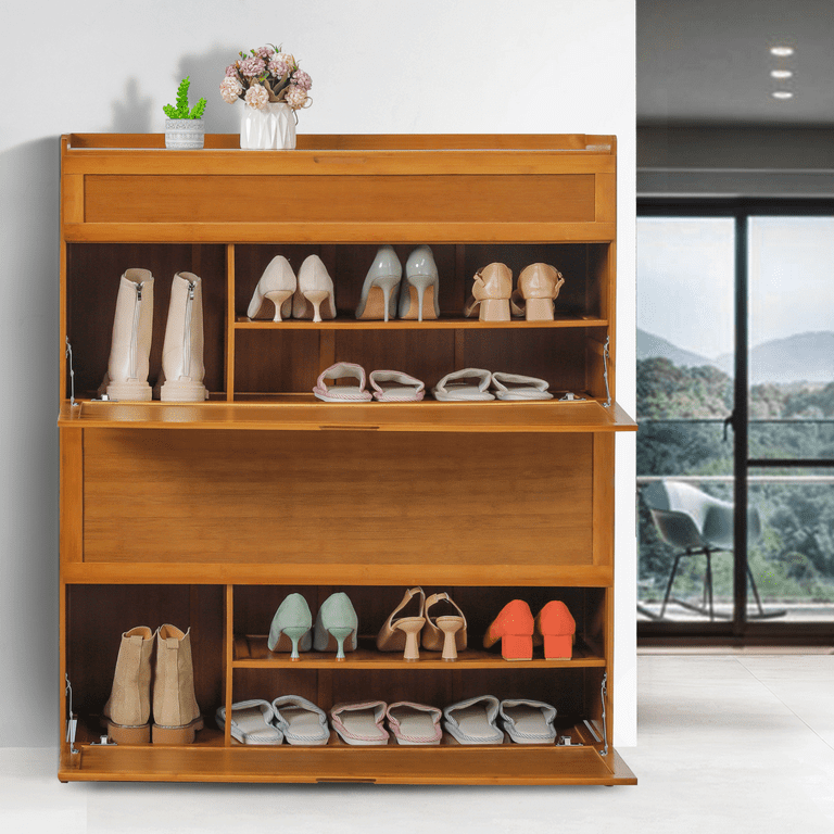 MoNiBloom Bamboo 7 Tiers Shoes Rack with Door 36 Pairs Organizer Cabinet Brown for Hallway