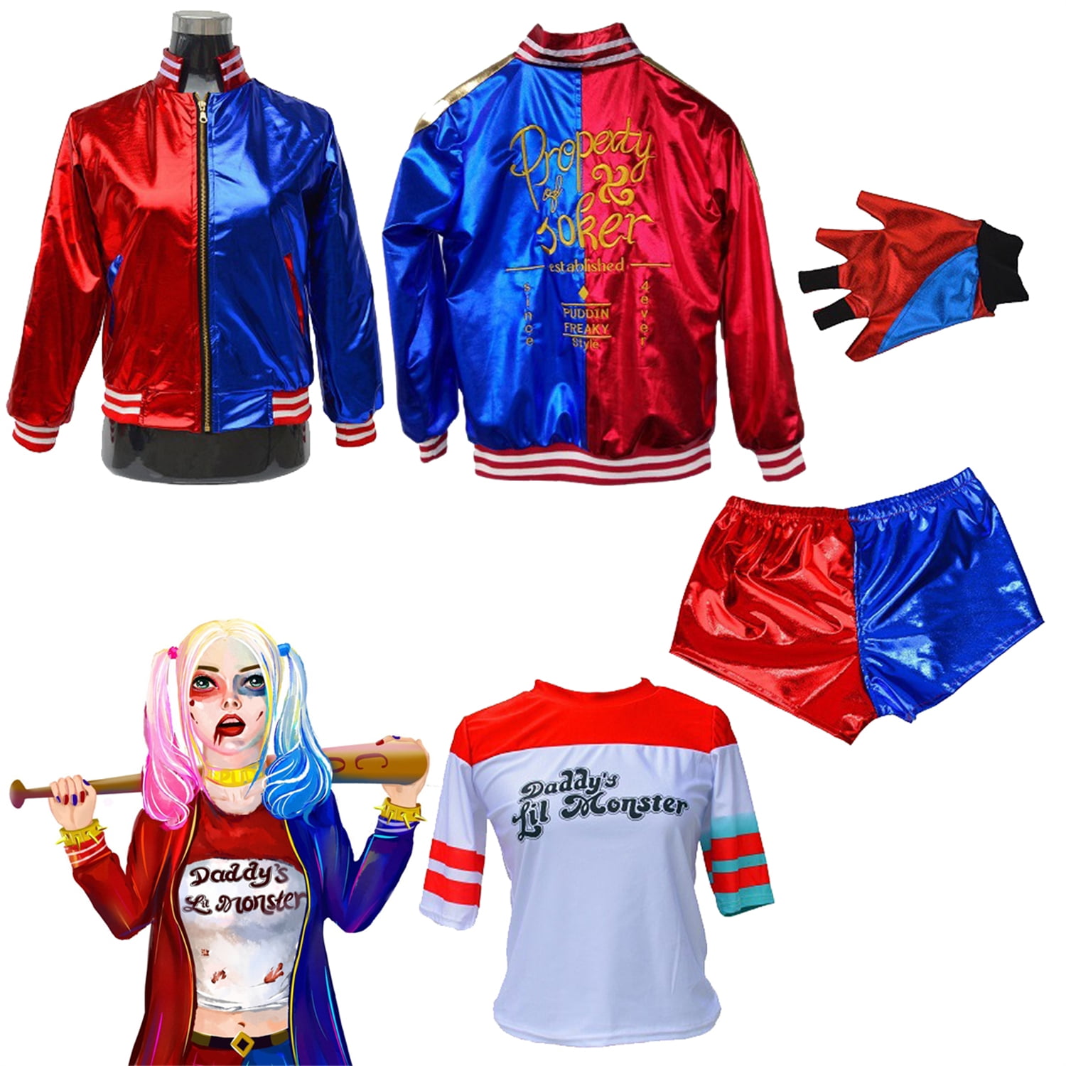 4PCS Harley Quinn Jacket Kids Girls Cosplay Costumes Party Tshirt