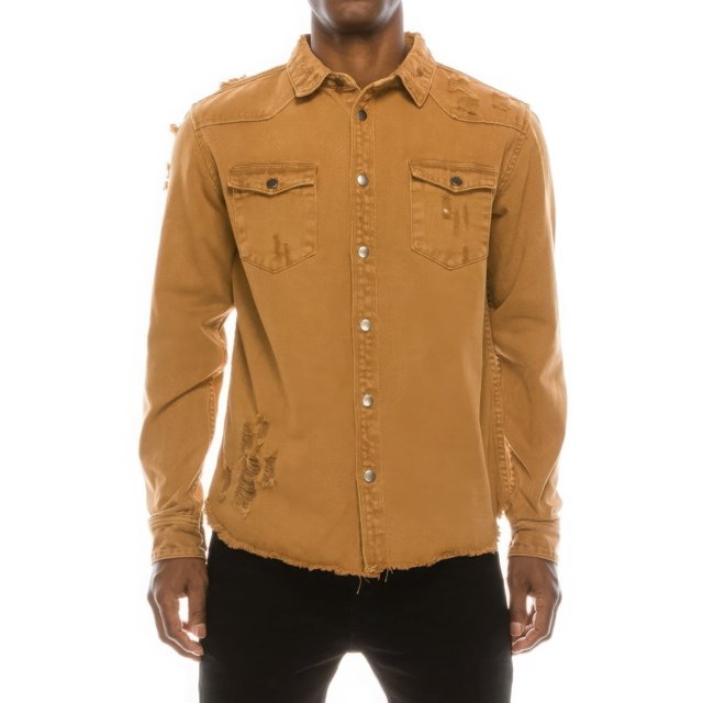 Saronite Basics Solid Ripped Cotton Denim Front Button Ribbed Knit Overshirt Top, Wheat (Men's)