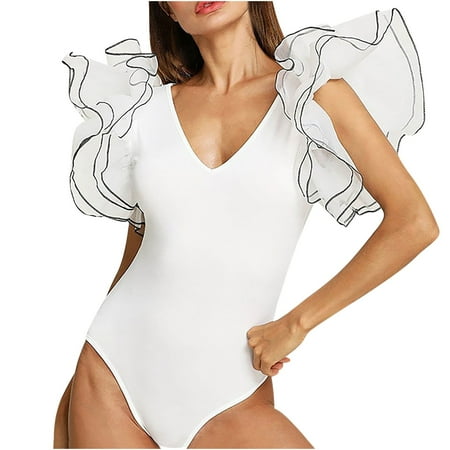QUYUON Women s Bodysuit Tops Summer Mesh Ruffle Short Sleeve V-Neck T Shirt Bodysuit Jumpsuits Solid Color One-Piece Bodysuit Leotard Clothing Casual Backless Thong Bodysuit  Style 1446 White M