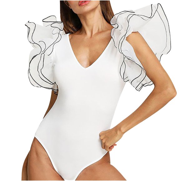 zanvins Summer Women Fashion Sexy Casual Solid Ruffle Short Sleeve V-Neck Backless Slimming Bodysuit