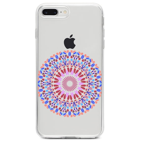 DistinctInk Clear Shockproof Hybrid Case for iPhone 7 PLUS / 8 PLUS (5.5" Screen) TPU Bumper Acrylic Back Tempered Glass Screen Protector - Modern Mandala - Blue Red Pink
