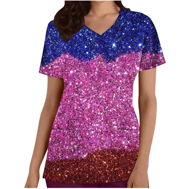 Hauts à Sequins pour Femmes, Shorts pour Femmes, Hauts à Manches Courtes avec Poche et Imprimé à Sequins pour le Travail, Hauts pour Femmes, Manches Courtes pour Femmes