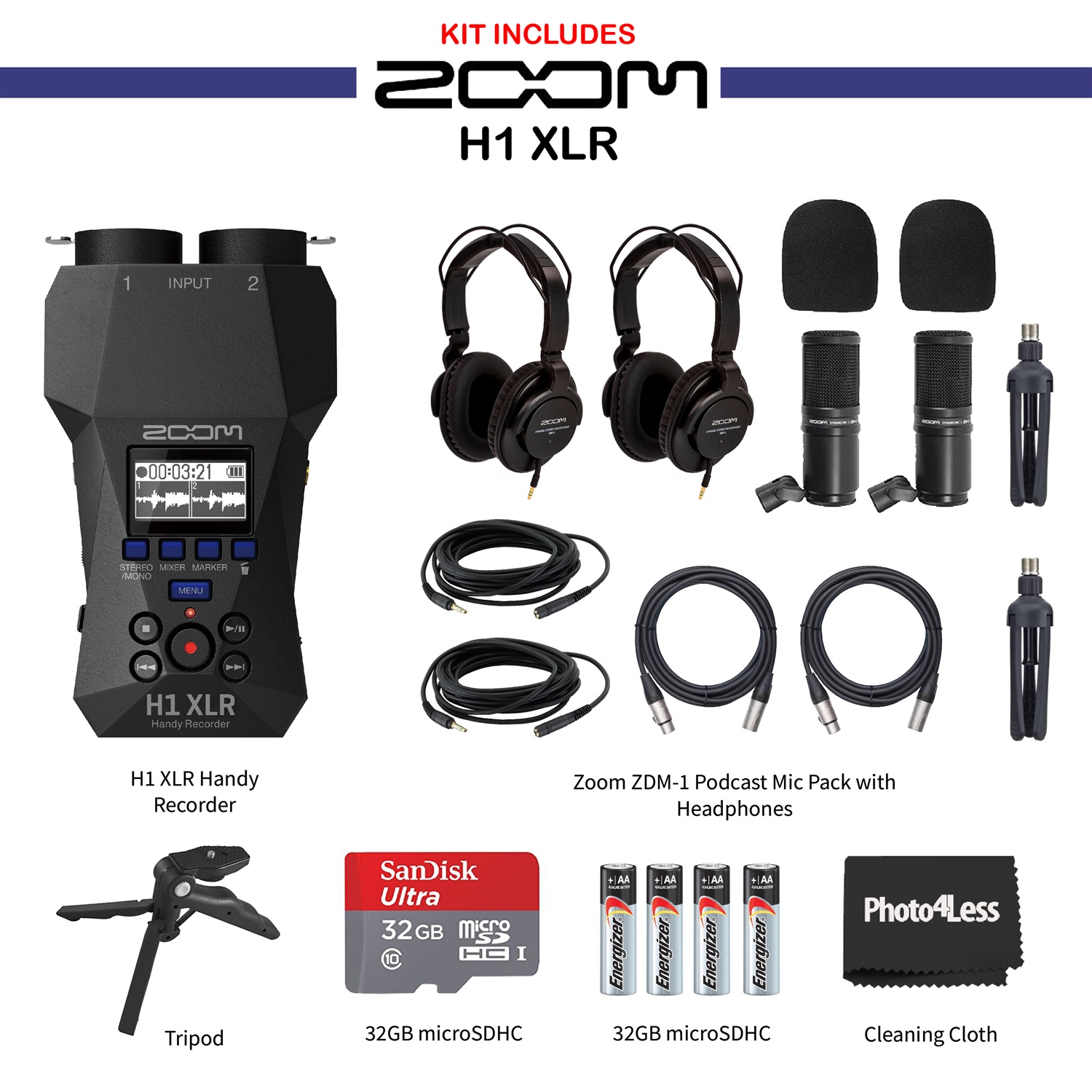 Zoom H1 XLR Handy Recorder, Bundle with 2X Zoom ZDM-1 Podcast Microphones, 2X Headphones, 2X Windscreen, 2X XLR Cable, 2X Tabletop Stand, Tripod Grip, 32GB micro SD Card, AA Batteries (4 Pack)