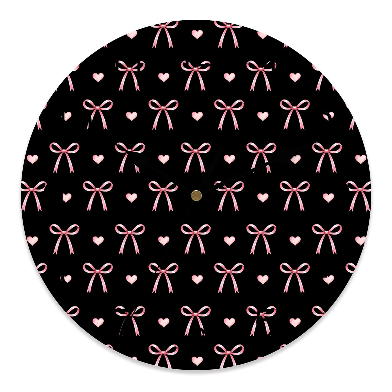 14 Inch Pink Bow Wall Clock, Tiny Pink Heart Ribbon Loop Knot Ribbon Black Background Battery Operated Silent Non Ticking Clocks, Easy to Read Round Wall Clock for Kitchen/Living Room/Bedroom