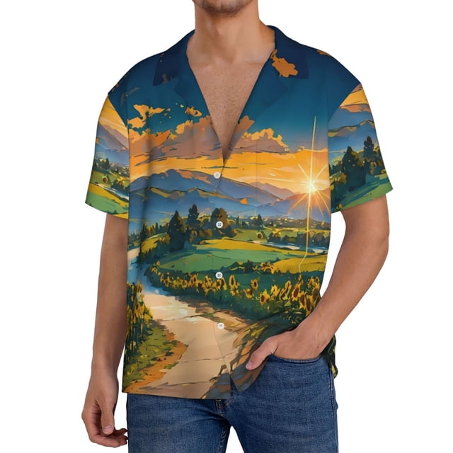 Balery Sunflowers At Sunset Camisa Casual de Manga Corta con Botones para Hombre, Texturizada, Estilo Cubano, para Playa, Verano-Large