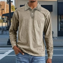HOMADLES Mens T Shirt Long Sleeve Lapel Button Solid Pique Golf Shirt, Pullover Shirt Khaki S