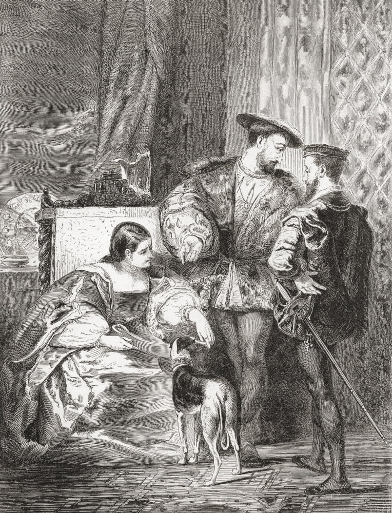 Francois I 1494-1547 Anne De Pisseleu 1508-80 Duchess Of Etampes And Charles V 1500 - 1558 After The Painting By Richard Parkes Bonington From Histoire Des Peintres Cole Anglaise Published 1867 Canva