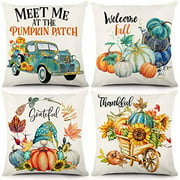 CDWERD Fall Pillow Covers 18x18 Set of 4 Fall Decoration for Home Decorative Throw Pillows Farmhouse Outdoor Thanksgiving Autumn Decor with Pumpkin Sunflower Gnome Linen Cushion Case for C
