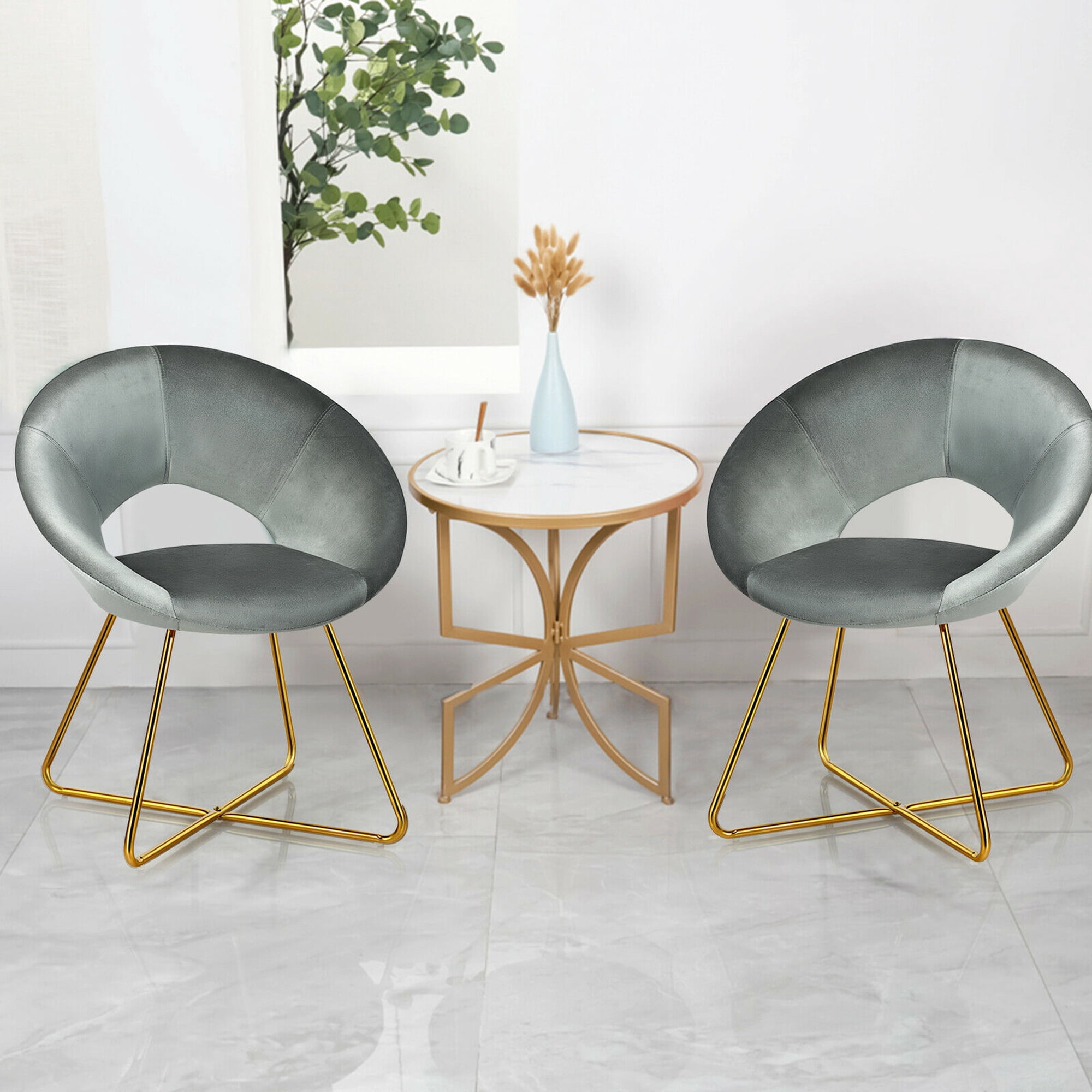 Gymax Set of 2 Accent Velvet Chairs Dining Chairs Arm Chair w/Golden Legs Grey