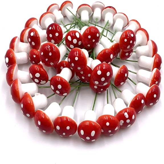 ACDANC 50 Pieces Mini Mushroom Miniatures Artificial Garden Fairy Bonsai Plant Pot Resin Craft Decoration for Home Diy Micro Landscape Decor (Red)