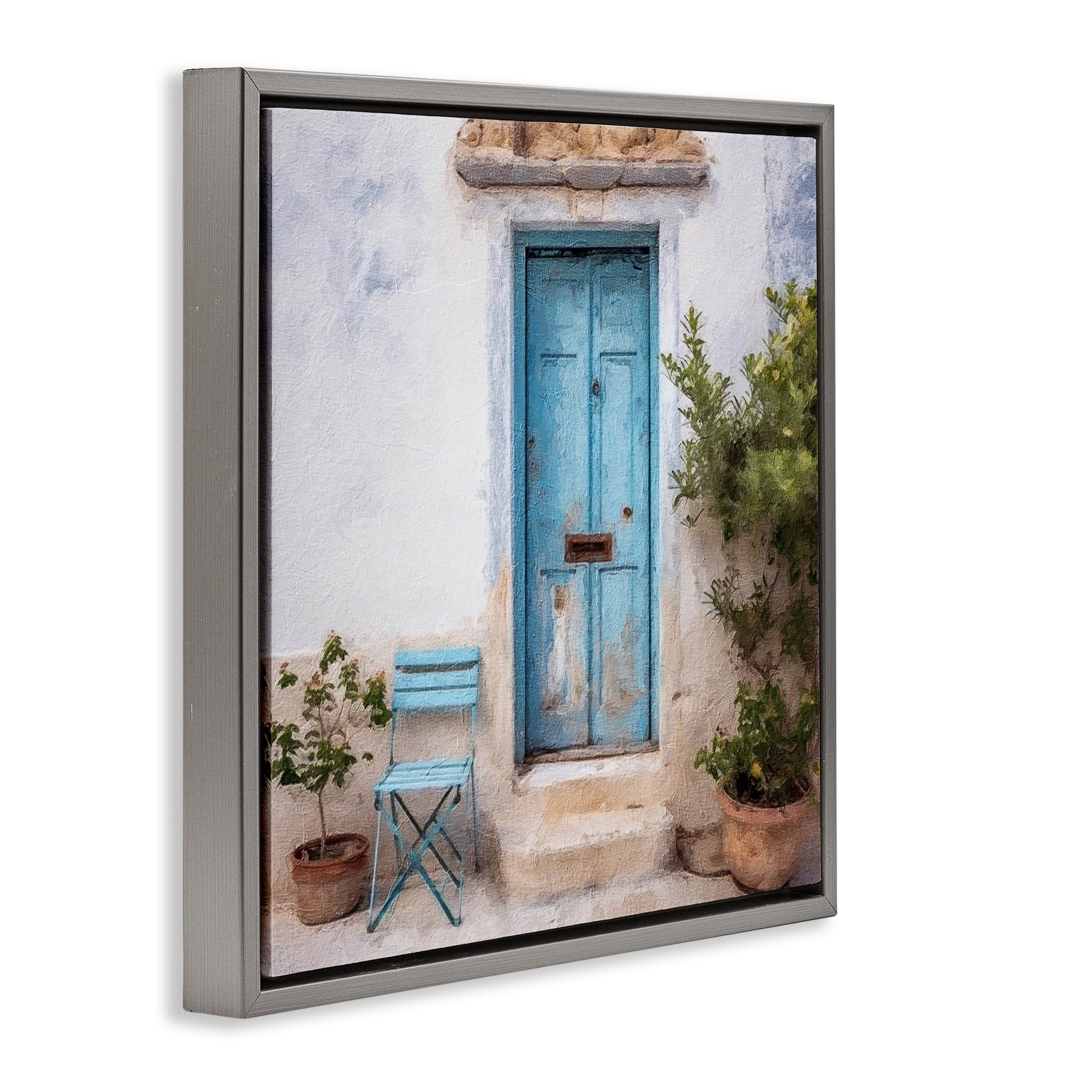 Stupell Industries Blue Town Doorway Town & City Painting Gray Floater Framed Canvas Art Print Wall Art, 25 x 25