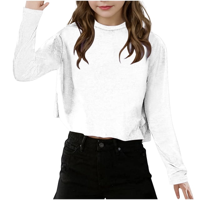 Girls Long Sleeve Crop Tops Kids Loose Crew Neck Cropped T-Shirts Casual Solid Color Basic Tees 5-13 Years