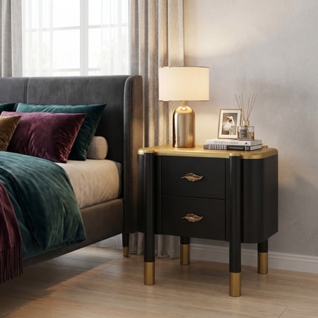 iooHug French Luxury 2-Drawer Nightstand, 23.5" Black Bedside Table with Feather Handles, Anti-Tip Device for Bedroom, Living Room