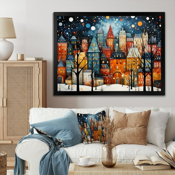Designart "Winter Village Splendor Art Deco Painting II" Cityscapes Framed Wall Art Decor - Industrial Colorful City Art Deco Entryway Framed Wall Art Print
