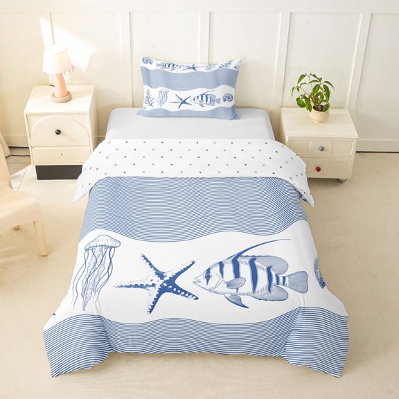 spefrowx Vintage Line Tropical Fish Twin Duvet Cover for Kids Boys, Navy Wave Jellyfish Starfish Twin Bedding, Reversible, 2 Pieces, 1 Duvet Cover and 1 Pillowcase