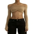 thumbnail image 1 of Women Off Shoulder Long Sleeve Top Mesh Ruched Slim Fit Crop T Shirt Sheer Blouse, 1 of 5