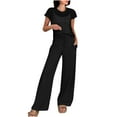thumbnail image 2 of BLTIBY Women Two Piece Outfits Crochet Hollow Out Sheer Knit Sweater Top Drawstring Wide Leg Pants with Pockets Lounge Matching Sets Sweatsuit Travel Clothes Black L, 2 of 7