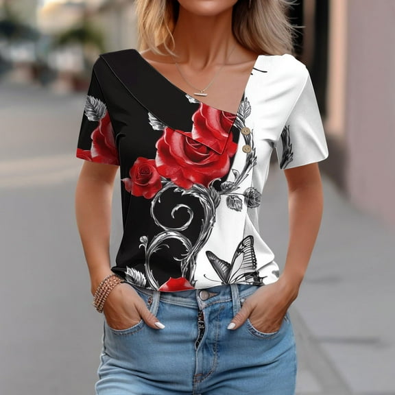 VgaVtl Womens Shirts Short Sleeve V-Neck Women Blouse Floral Casual Button Fancy Holiday Slim Tops,Black S