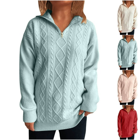 Kilaqueen Quarter Zip Neck Womens Sweaters Casual Fashion Turtleneck Sweater Cable Knit Blouse Tops Long Sleeve Sweaters Cozy Warm Fall Outfits