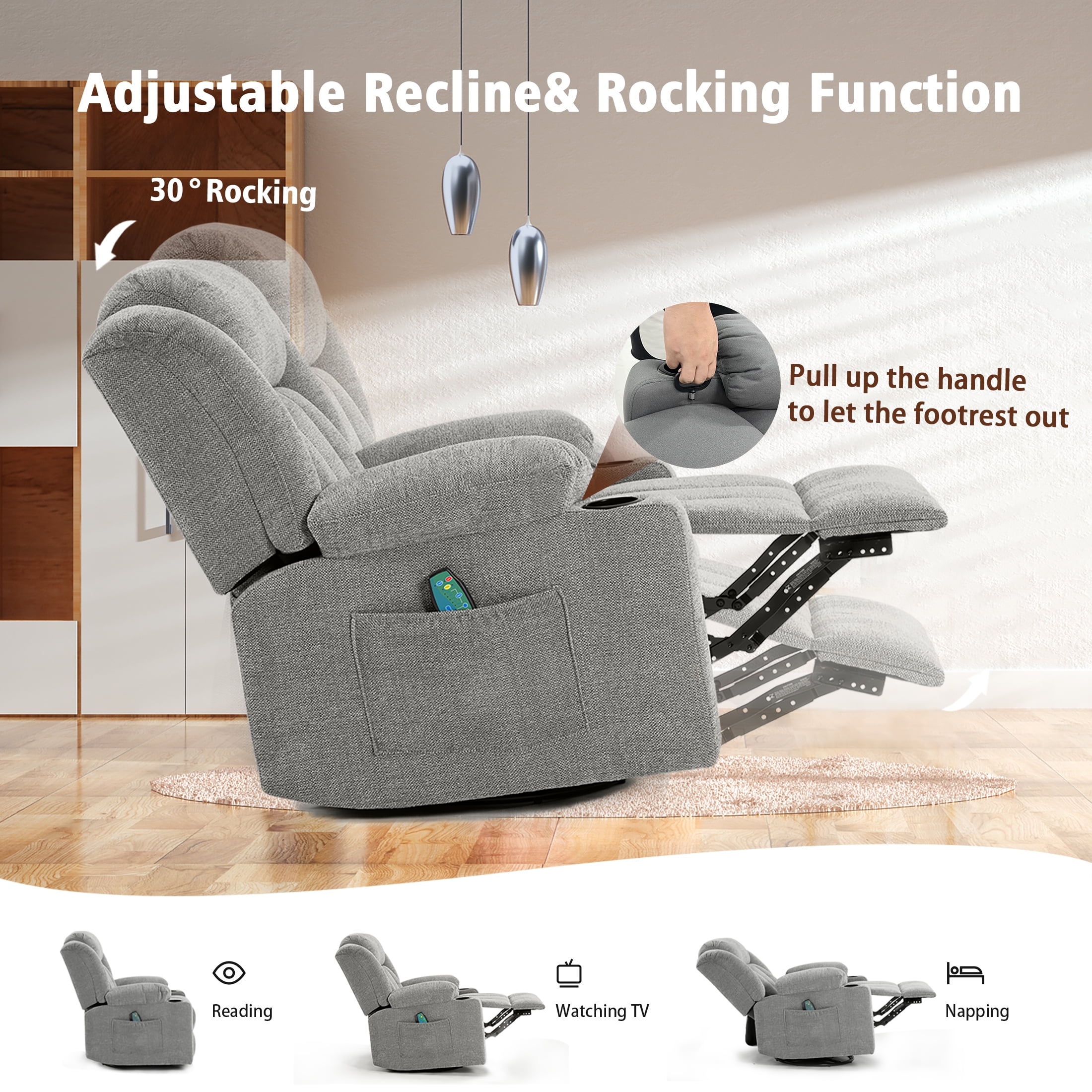 Sfxingyou Adult Fabric Solid Print Recliner Chair with Massage and Heat, Gray