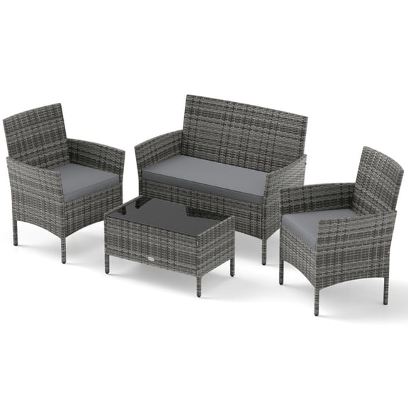 Furnibear 4 Pieces Patio Rattan Conversation Set Outdoor Furniture Set with Tempered Glass Coffee Table Loveseat and Cushions, Mix Gray