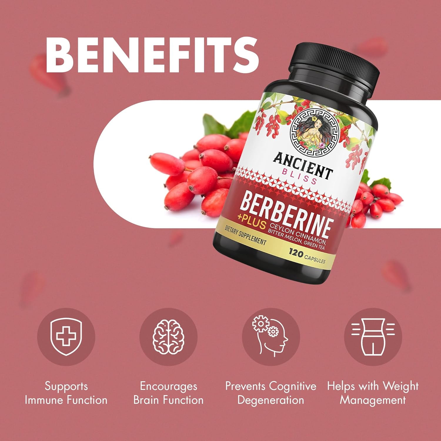 Ancient Bliss Berberine HCL 1200mg with Ceylon Cinnamon, Bitter Melon and Green Tea Extract, 120 Capsules