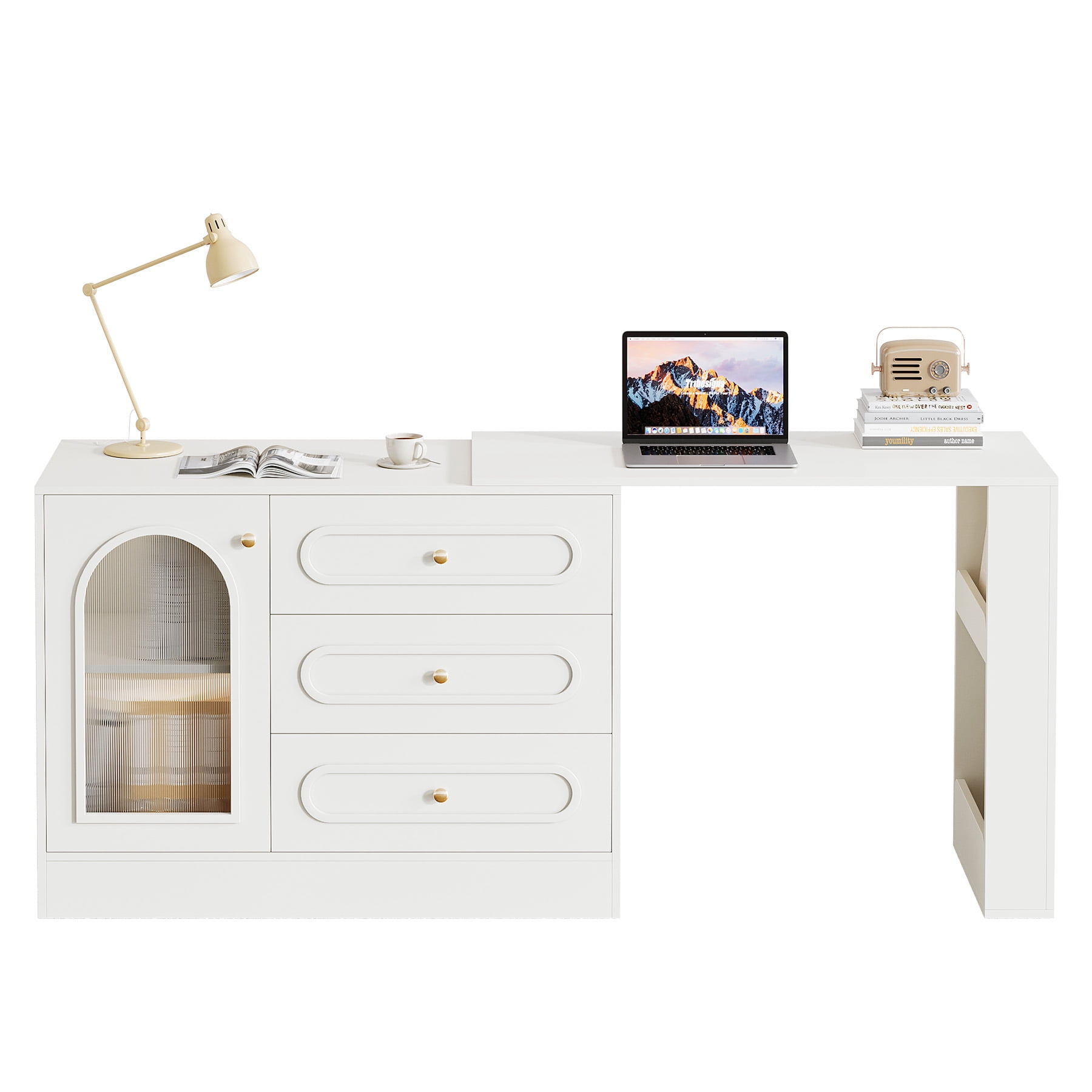 Fnova Rotatable L-Shaped Computer Desk with 3 Drawers, Cabinet, Reversible Corner Design with Adjustable Shelves, Home Office Workstation Writing Table for Bedroom