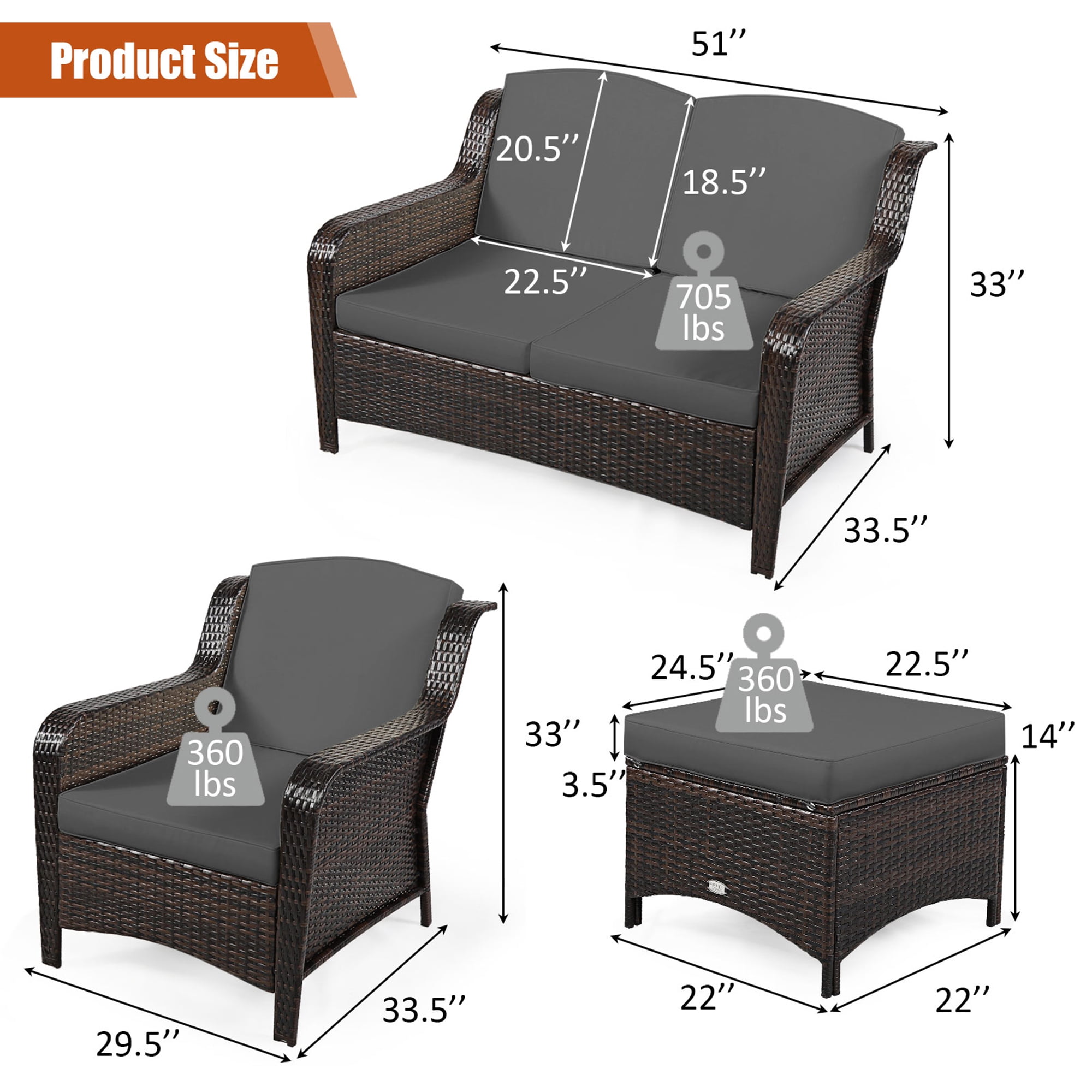 Gymax 5PCS Rattan Patio Conversation Sofa Furniture Set Outdoor w/ Grey Cushions