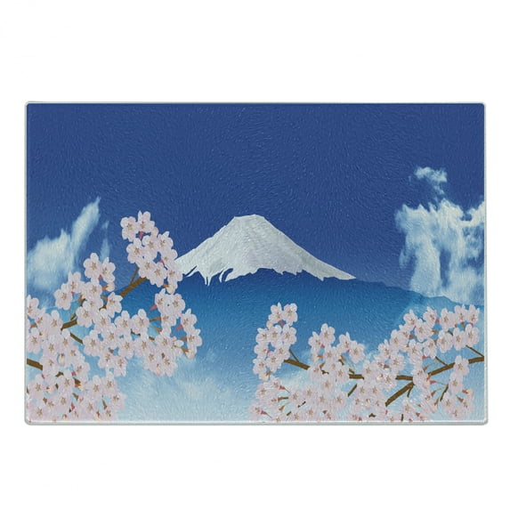 Blue and Pink Cutting Board, Japanese Art Graphic with Mt. Hill and Spring Cherry Blossoms, Decorative Tempered Glass Cutting and Serving Board, in 3 Sizes, by Ambesonne