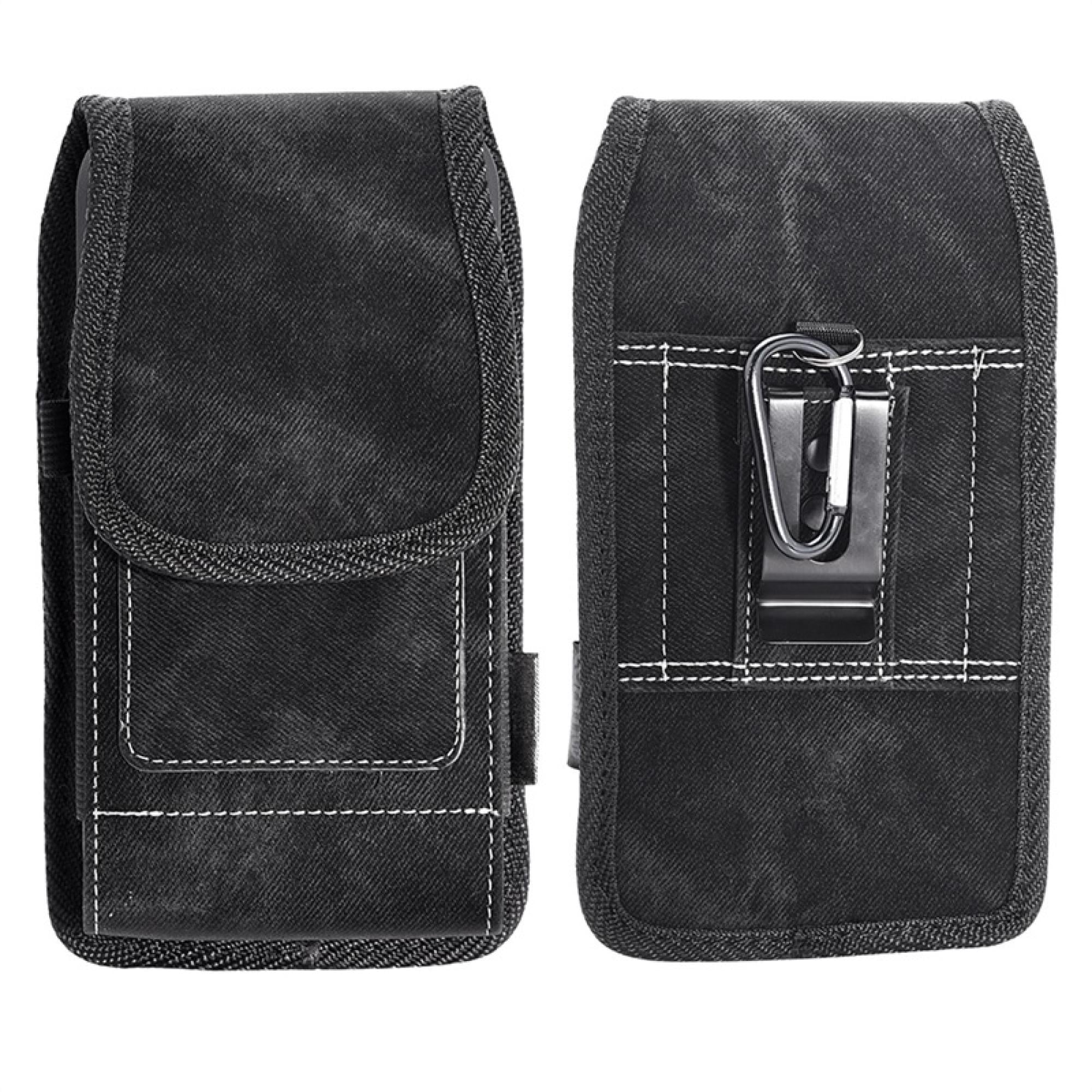 Large Horizontal Universal Phone Pouch – Black Denim Fabric with Belt Clip – Fits Devices Up to 6.3"​