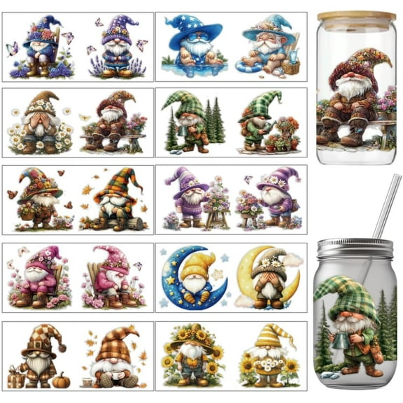 10 Pcs Colorful Dwarf Elf Theme Cup Printing UV Transfer Papers 10 Styles Gnome Moon Butterflies Forests Flowers UV DTF Cup Wrap Stickers for 16 OZ Glass Cups Crafts 9.5x4.3inch Colorful