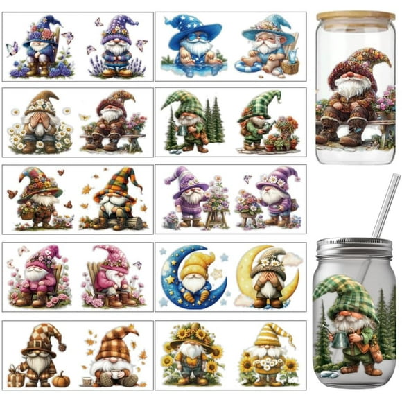 10 Pcs Colorful Dwarf Elf Theme Cup Printing UV Transfer Papers 10 Styles Gnome Moon Butterflies Forests Flowers UV DTF Cup Wrap Stickers for 16 OZ Glass Cups Crafts 9.5x4.3inch