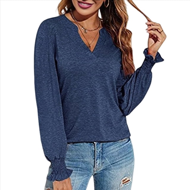 Tops Casuales de Larga con Cuello en V para Mujer, Camisetas Holgadas de y Otoño Azul Marino XL
