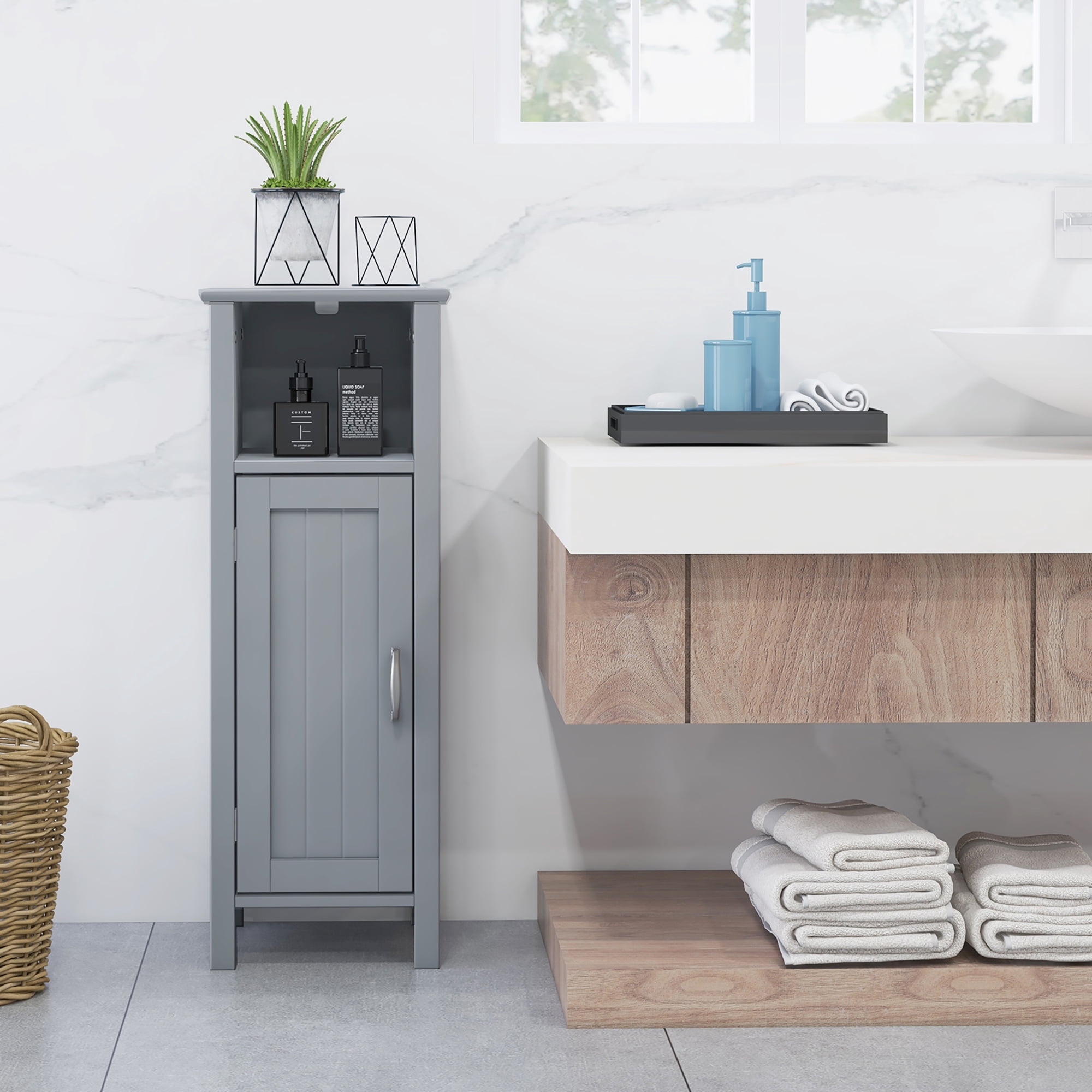 Gymax Bathroom Storage Organizer Narrow Floor Cabinet w/ 2-Tier Cabinet Open Compartment Gray