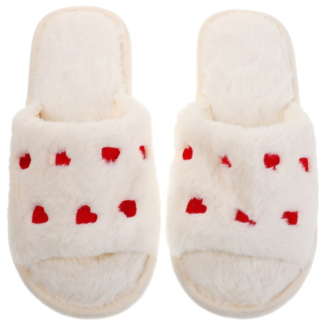 1 par de pantuflas de felpa con punta abierta para mujer, bonitas pantuflas de felpa con forma de corazón para interior y exterior, antideslizantes, suaves, color blanco, talla 39-40
