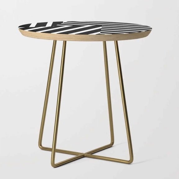 Modern Bone Inlay End Table – Round Black & White Geometric Top with Gold Metal Base