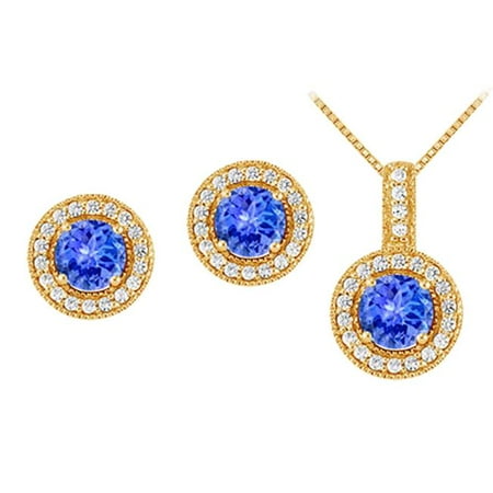 Fine Jewelry Vault UBUNERPD32336AGVYCZTZ600 December Birthstone Tanzanite with CZ Halo Earrings and Pendant in 18K