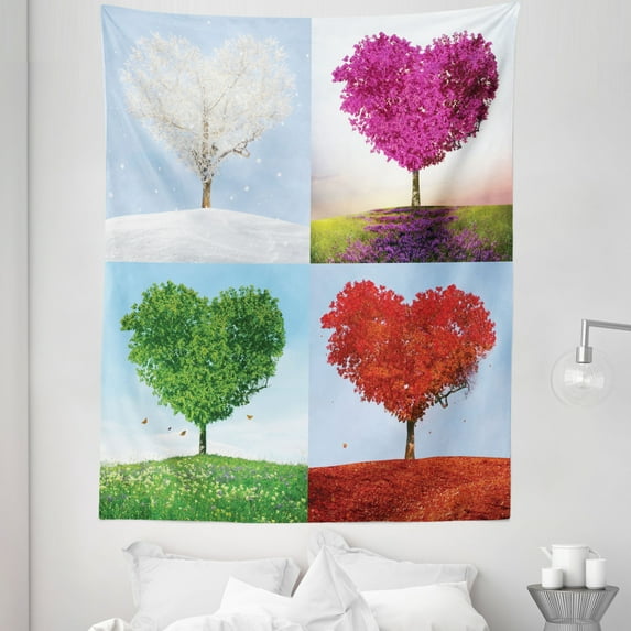 Nature Tapestry, Heart Shaped Trees in 4 Seasons of Year Love and Adoration Themed Illustration, Fabric Wall Hanging Decor for Bedroom Living Room Dorm, 5 Sizes, Multicolor, by Ambesonne