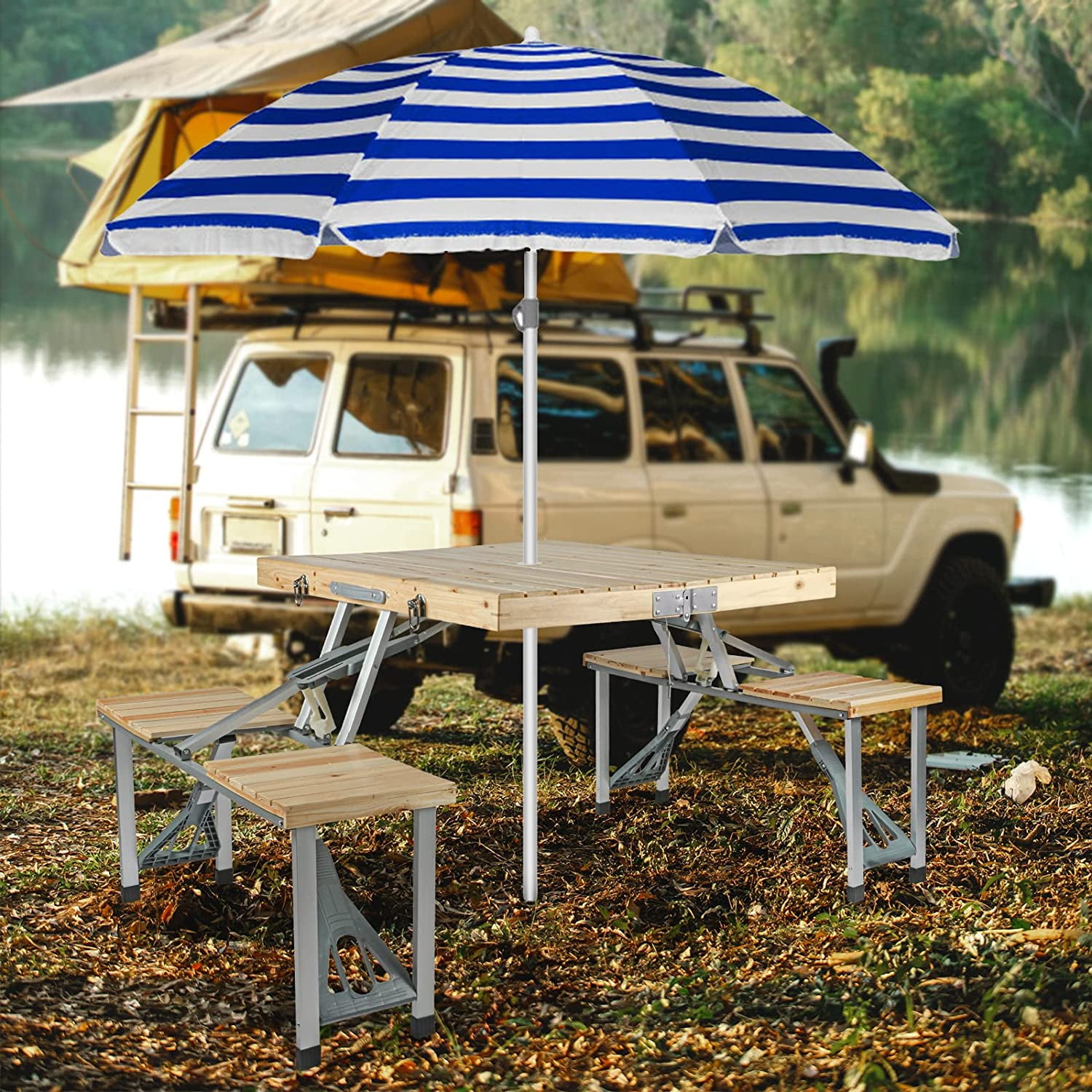 Lawn BIGTREE Picnic Table Folding Portable 4-Person Fold Up Travel Camping Table for Indoor Bamboo Table Garden Outdoor Travel Patio 