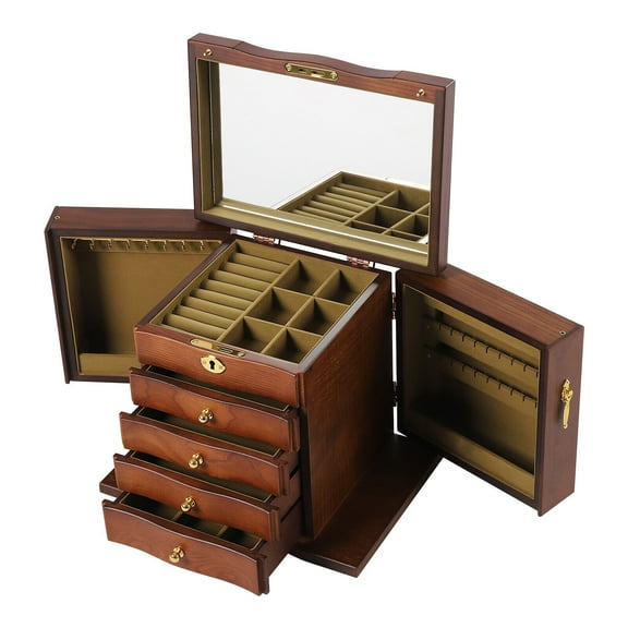 Miumaeov 5-Layer Retro Wooden Large Jewelry Box 4 Drawers Necklace Earring Watch Organizer Box with Mirror