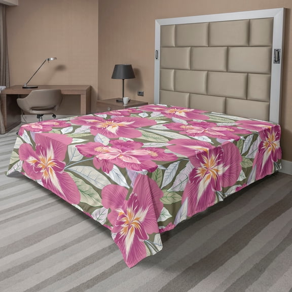 Ambesonne Iris Flowers Flat Bedding Sheet Soft Top Sheet, Dreamy Tropical Scene, California King, Pastel Pink Pale Green