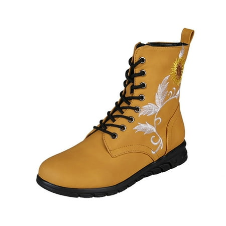 

Women Autumn and Winter Embroidered High Top BootsWomen Round Head Flat Bottom Lace up Boots
