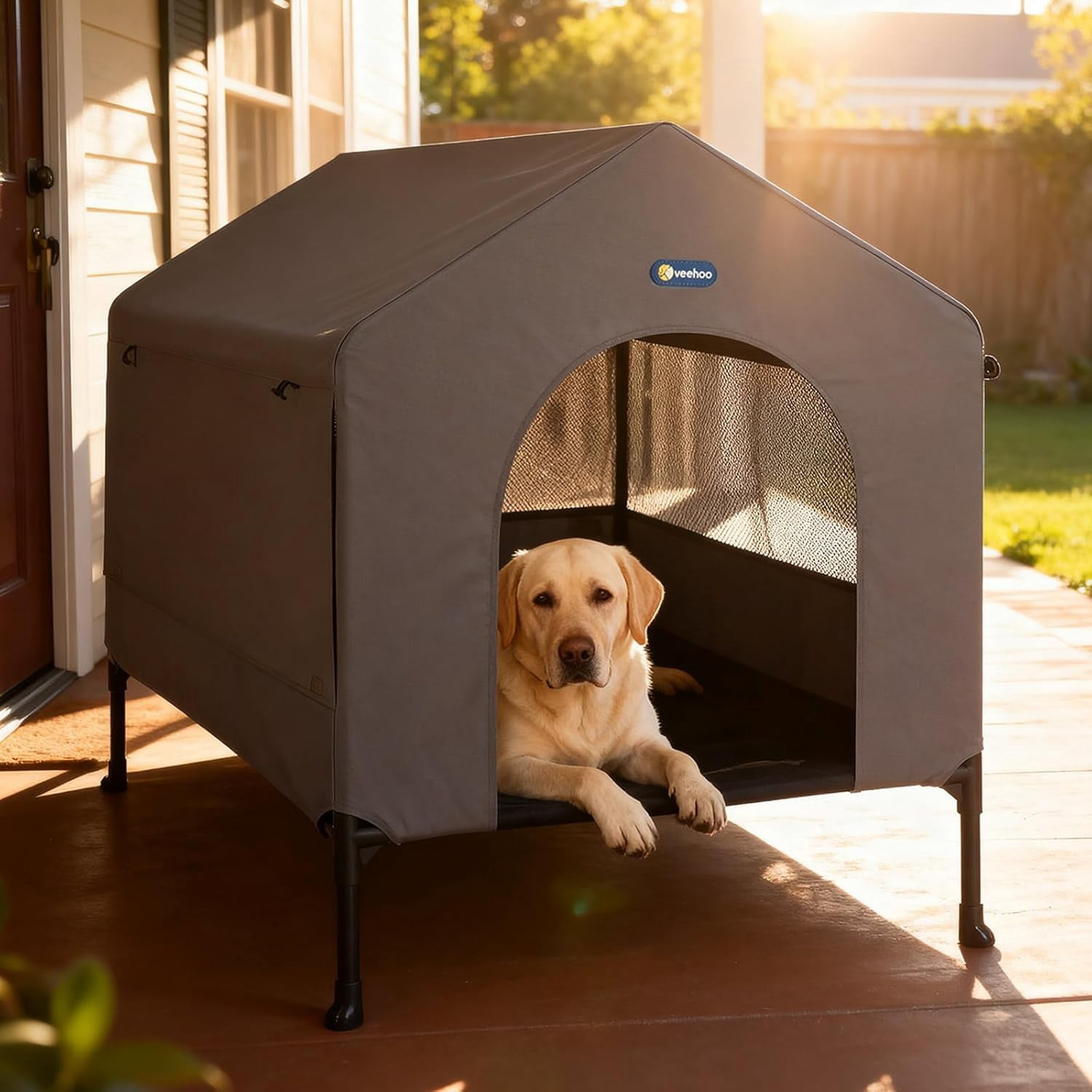 35" Dog House, 2-in-1 Large Dog House Outdoor Indoor Weatherproof, Outside Elevated Dog Cot Bed Dog Tent Shade, Three-Sided Breathable Mesh Windows and Sunshades, CWC2435CP