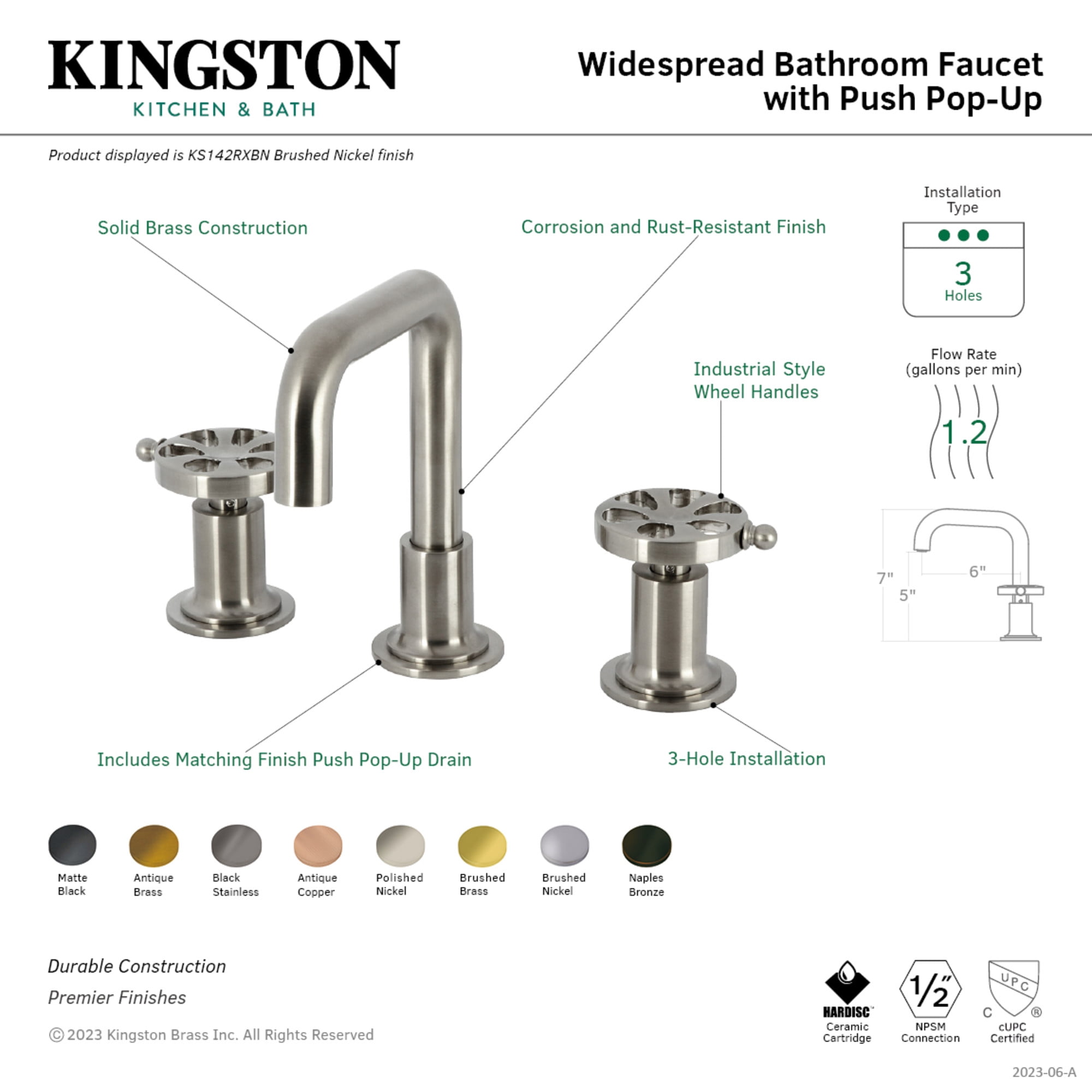 Kingston Brass KS142RXMB Belknap Widespread Bathroom Faucet with Push Pop-Up Drain, Matte Black