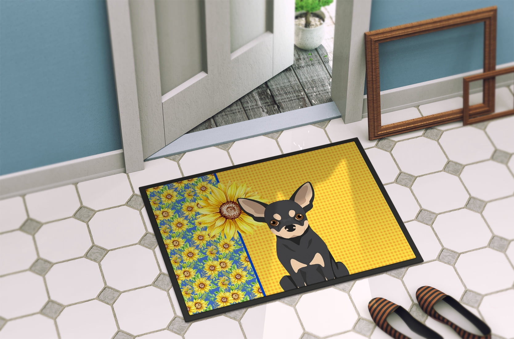 Carolines Treasures WDK5372JMAT 24 x 36 in. Summer Sunflowers Black & Cream Chihuahua Indoor or Outdoor Mat