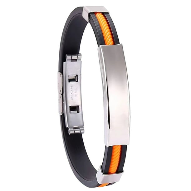 Pulsera de acero de titanio grabado personalizado y pulsera de silicona para los hombres - Nombre / cita Diseño - Acero inoxidable durable y flexible de silicona - Unisex Fashion Acces