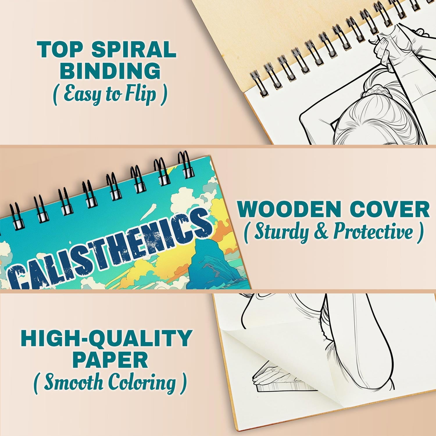 Netecom Calisthenics Coloring Book, A5 Wooden Cover, Spiral Bound, 30 Dynamic Coloring Pages of Gymnastics Activities for Stress Relief and Relaxation